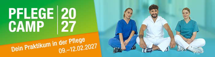 Titelbild Pflege Camp 2027 mit dem Text "Dein Praktikum in der Pflege, 09. – 12.02.2026"