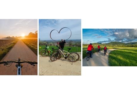 Ein Fahrrad vor einem Sonnenaufgang, zwei Personen mit Fahrrädern vor einem Herz, Drei Fahrradfahrer in schöner Landschaft 