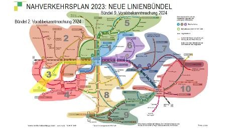 Die schematische Karte zeigt das Busliniennetz und die Einteilung des Landkreises Göppingen in 10 sogenannte „Linienbündel“. Diese sind als farbliche gekennzeichnete Flächen auf der Karte dargestellt. 