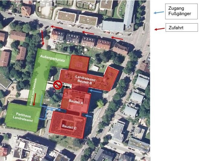 Parken und Zugang Landratsamt Luftbild Landratsamt mit Anfahrtswegen und Fußwegen zum Parkhaus und Gebäude