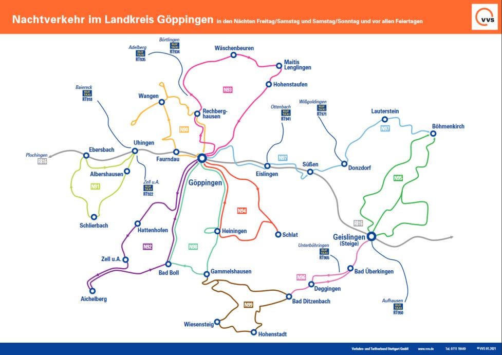 Linienplan der Nachtverkehre Ein Plan der Nachtbuslinien im Landkreis Göppingen