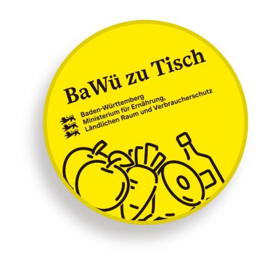 Das ganze Land zu Tisch gelber Button mit Landeswappen und Lebensmitteln in Schwarz-weiß