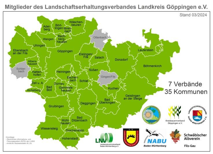 Übersicht Mitglieder des Landschaftserhaltungsverbandes Landkreis Göppingen e.V. Landkreiskarte mit einer Übersicht Mitglieder des Landschaftserhaltungsverbandes Landkreis Göppingen e.V.