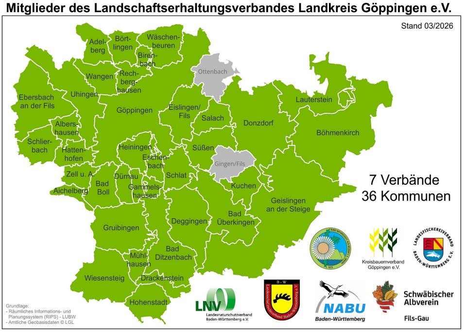 Übersicht Mitglieder des Landschaftserhaltungsverbandes Landkreis Göppingen e.V. Landkreiskarte mit einer Übersicht Mitglieder des Landschaftserhaltungsverbandes Landkreis Göppingen e.V.