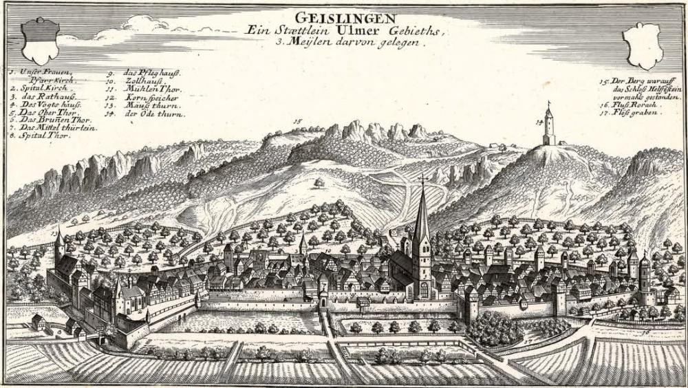 Ansicht der Amtsstadt Geislingen um 1700, Johann Stridbeck d. J., nach Vorlage von Matthäus Merian (Bestand S 18 Nr. 14)