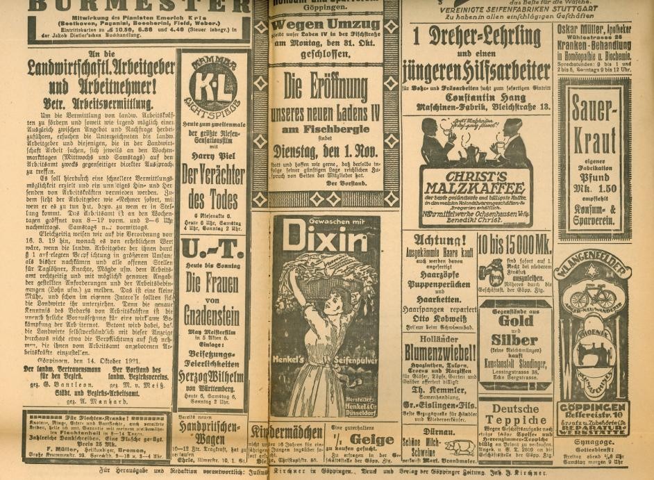 Ausschnitt der Rückseite der Göppinger Zeitung vom 28. Oktober 1921