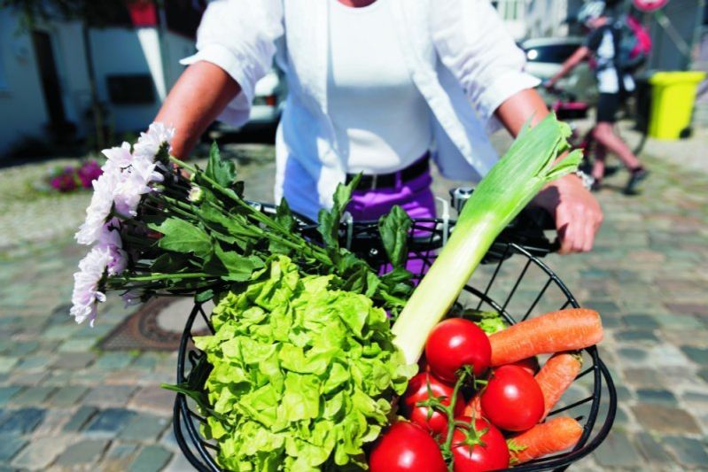 Gesund ernährt Frau hält einen Einkaufskorb mit Salat, Lauch, Tomaten, Karotten und Blumen