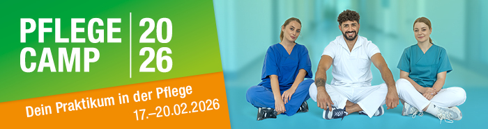 Pflege Camp: Praktikum in der Pflege Titelbild Pflege Camp 2026 mit dem Text "Dein Praktikum in der Pflege, 17. – 20.02.2026"
