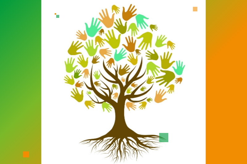Symbolbild für Ehrenamtliche Vormundschaften: Baumillustration mit Wurzeln und Handabdrücken als Blätter