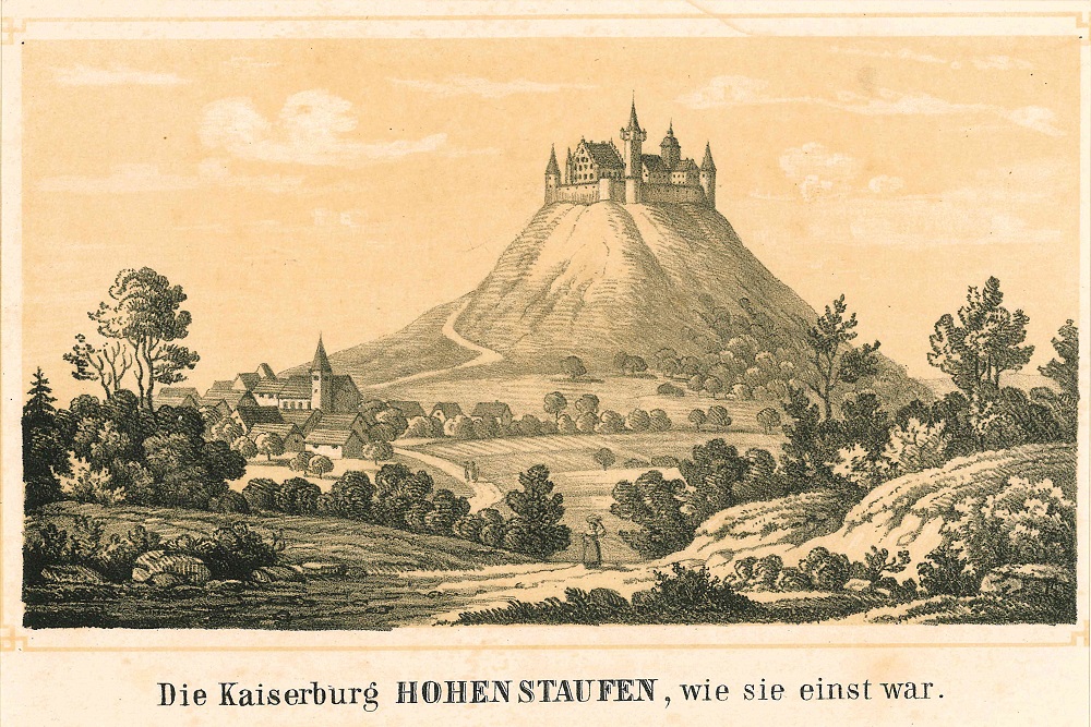 Lithographie der Burg Hohenstaufen nach Vorstellung des Künstlers (um 1870)