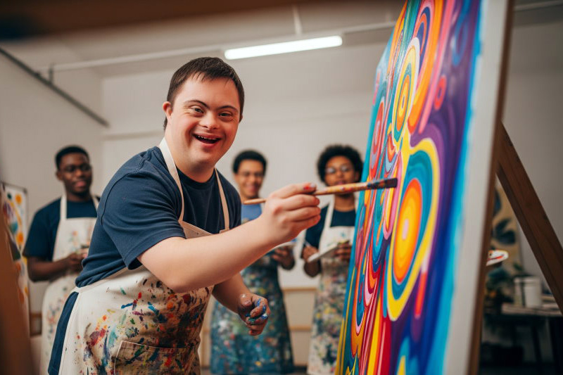 Ein junger Mann mit Behinderung malt ein Bild