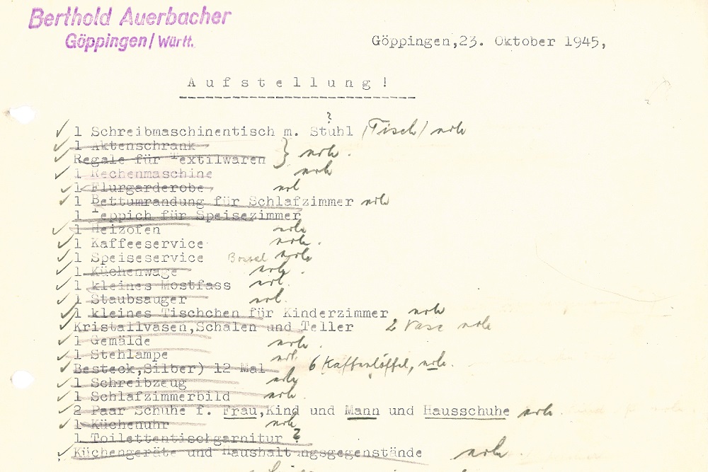 Aufstellung einiger der erhaltenen Gegenstände (Bestand C 0 Nr. 184)