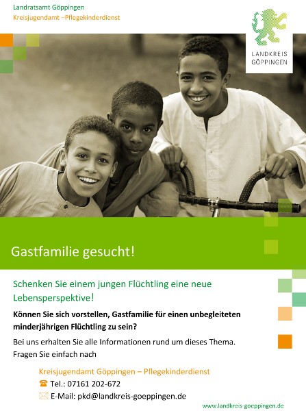 Plakat Suche nach Gastfamilien für unbegleitete minderjährige Ausländer