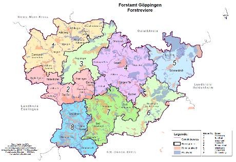 Karte des Landkreises Göppingen mit Markierung der neuen Revierzuschnitte für Kommunal- und Privatwälder ab 01.01.2020