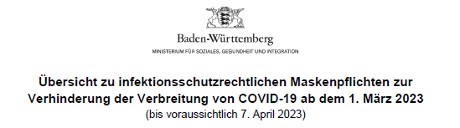 Corona-Regeln in Baden-Württemberg, externer Link auf PDF-Datei, neues Browserfenster, Herausgeber: Staatsministerium Baden-Württemberg