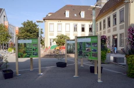 Drei Holzkonstruktionen mit neun Infotafeln auf dem Göppingen Marktplatz