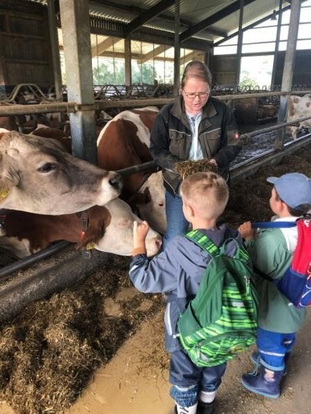 Kinder stehen im Kuhstall und sehen sich das Futter der Kühe an