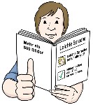 Ein Mann liest einen Text in Leichter Sprache und zeigt den Daumen nach oben.