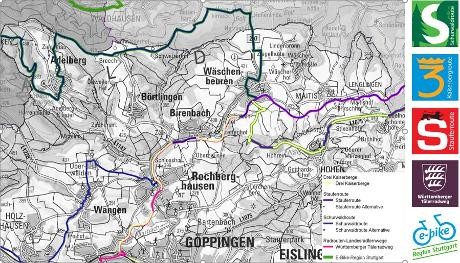 Der Kartenausschnitt zeigt die ausgeschilderten Fahrradrouten im Landkreis Göppingen für den Bereich des Schurwalds. Neben der Karte werden die Logos der dort vorhandenen Radrouten gezeigt sowie ein farbiges Rad-Logo, Inhalt des Bildes wird im folgenden Text näher erläutert