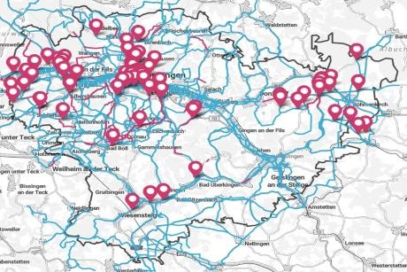 Die thematische Karte zeigt den Landkreis Göppingen mit dem Radverkehrsnetz im Planungsstadium der neuen Radverkehrskonzeption 2024.