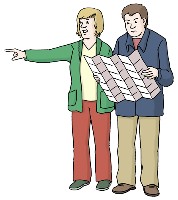 Mann und Frau mit Karte Ein Mann und eine Frau stehen nebeneinander mit einer großen Karte in der Hand und suchen nach Orientierung.