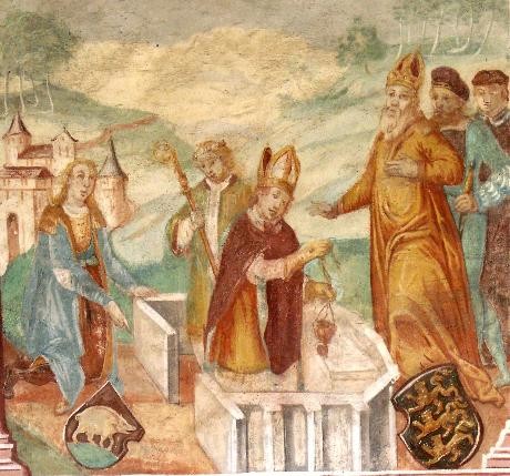 Kaiser Friedrich Barbarossa (rechts) und seine Söhne nehmen 1188 an der Altarweihe des Prämonstratenserklosters Adelberg teil (Fresko in der Ulrichskapelle Adelberg, 16. Jahrhundert) Kaiser Friedrich Barbarossa (rechts) und seine Söhne nehmen 1188 an der Altarweihe des Prämonstratenserklosters Adelberg teil (Fresko in der Ulrichskapelle Adelberg, 16. Jahrhundert)