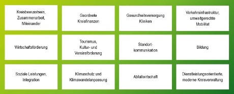 Übersicht über die 12 Schlüsselthemen der Kreisentwicklung (Schriftgrafik / Alternative vorlesbare Version in der Liste weiter unten)