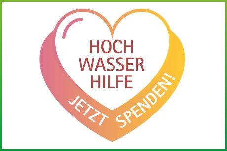 Das Logo der gemeinschaftlichen Spendenaktion: Ein Herz mit dem Titel "Hochwasser-Hilfe". Darunter der Aufruf: "Jetzt Spenden!"