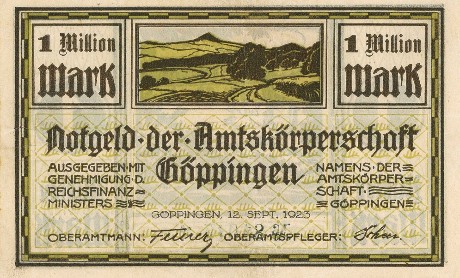 1 Million Mark-Notgeldschein der Amtskörperschaft Göppingen von 1923 (Quelle: Kreisarchiv Göppingen)