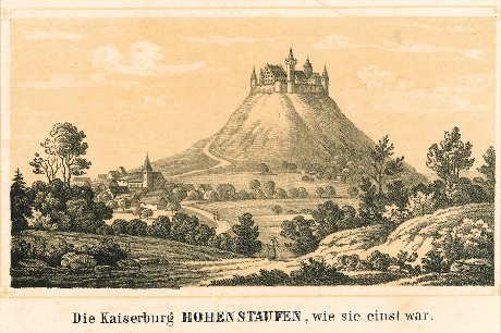 Kolorierte Lithographie der Burg Hohenstaufen nach Vorstellung des Künstlers (um 1870)
