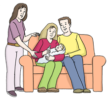 Frau hilfft einer Familie mit kleinem Kind