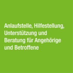 Schmuckquadrat mit Beschriftung: Anlaufstelle, Hilfestellung, Unterstützung und Beratung für Angehörige und Betroffene